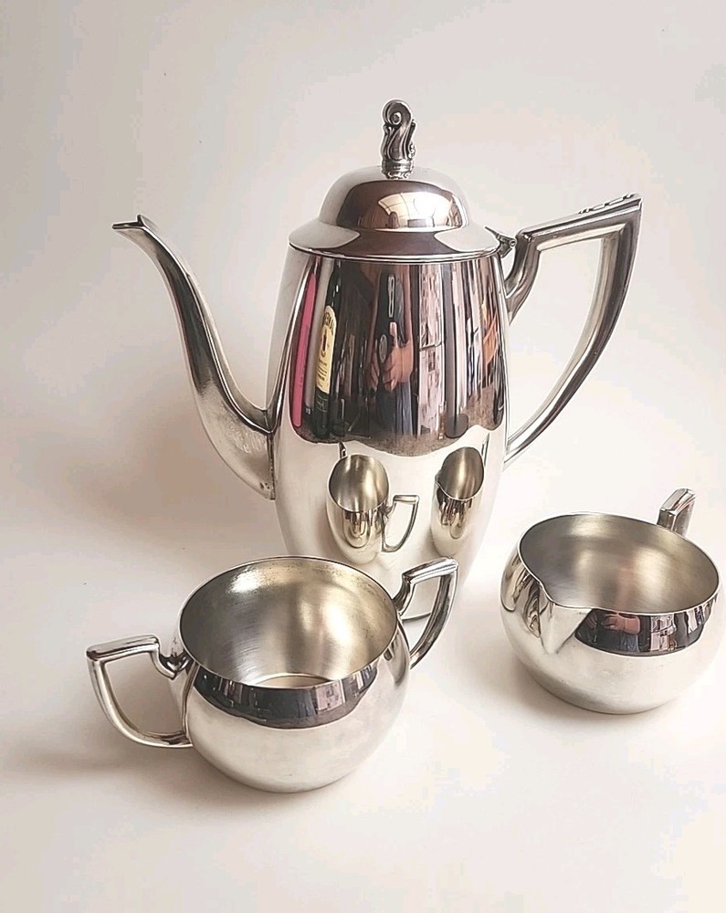 Vintage Oneida Silversmiths USA 3 Piece Silverplate Coffee Tea Set MCM Moder