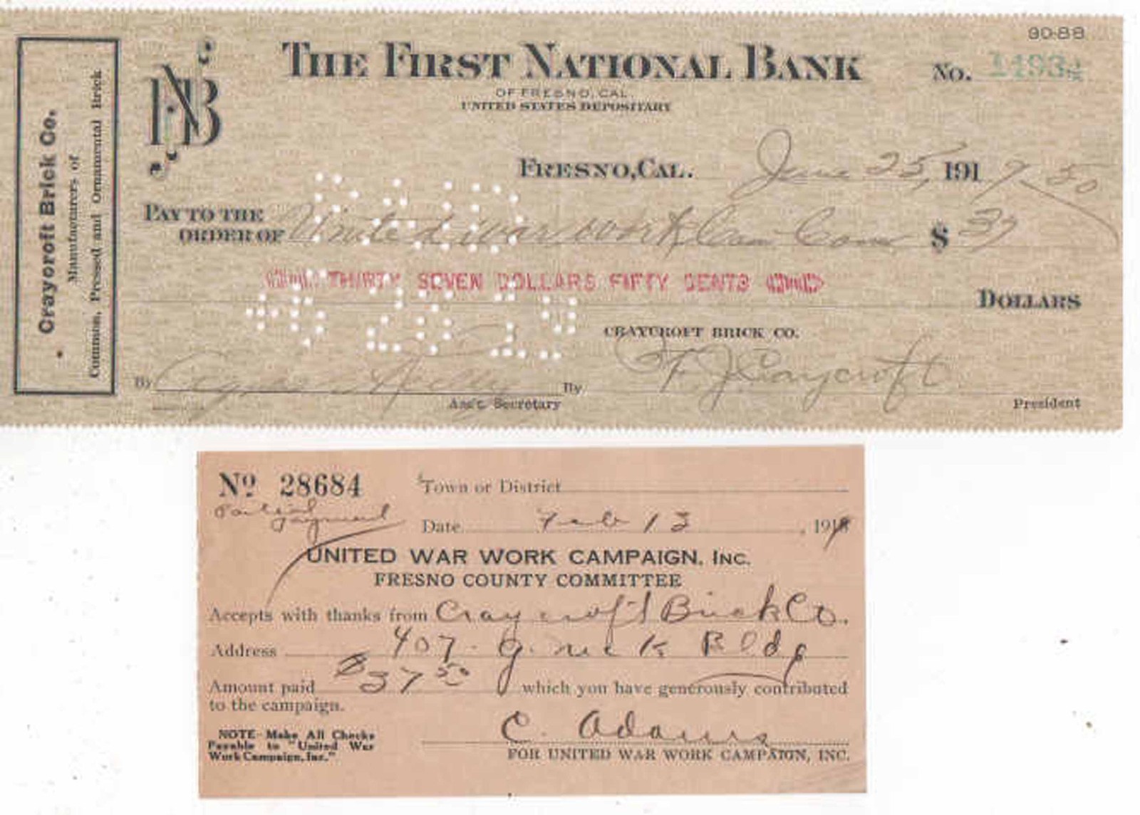 WWI 1917-19 FRESNO COUNTY WAR FUND COMMITTEE LETTER +WAR WORK CAMPAIGN DOCS