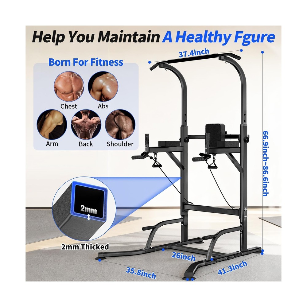 Pull Up Bar Power Tower Dip Station, Adjustable Strength Training E... Fast Ship