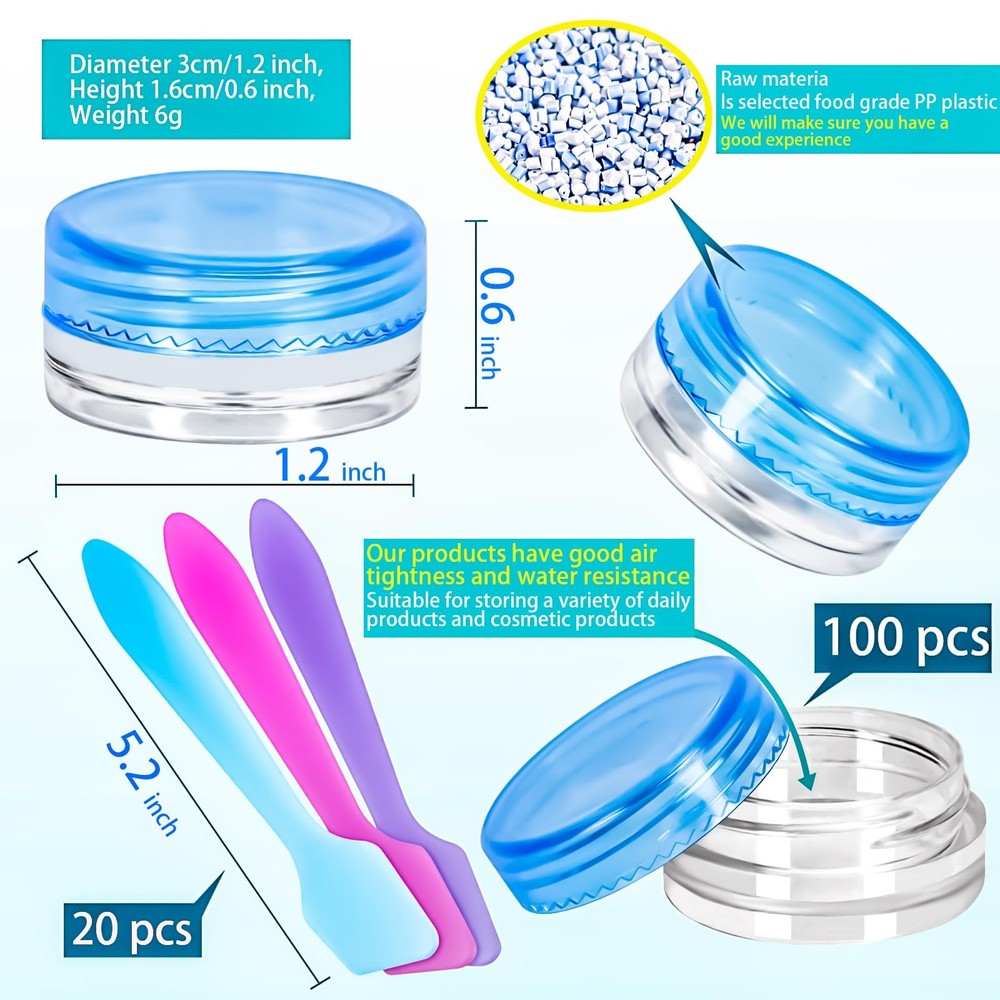 MotBach 100 Pcs 3g Empty Plastic Containers with Lids,Tiny 100PCS, Colored