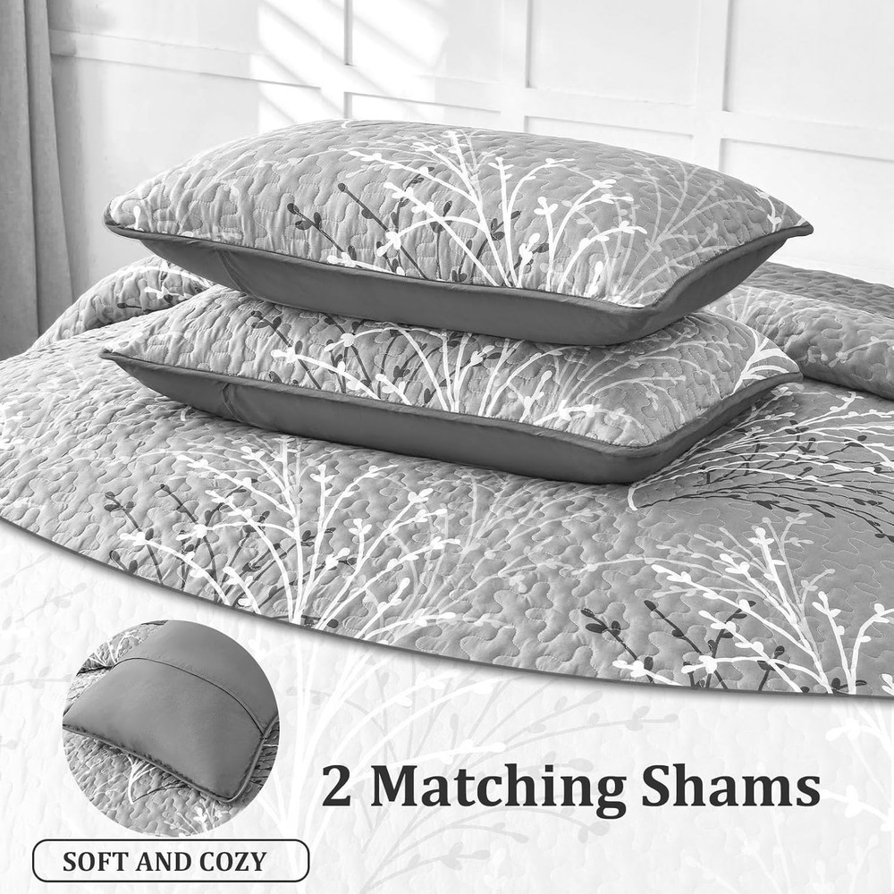 Grey Quilt Set Queen Size - Branch Botanical Pattern Bedspread Coverlet Set, ...