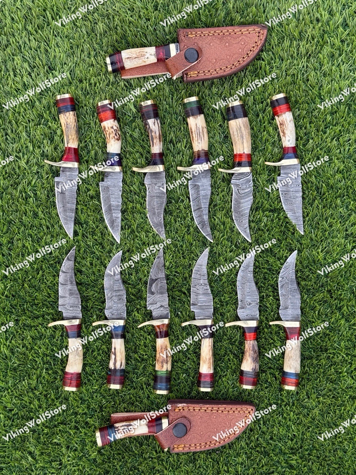 LOT OF 20PCS, 6'' INCH SKINNER KNIFE STAG HORN HANDLE HANDMADE DAMASCUS W/SHEATH