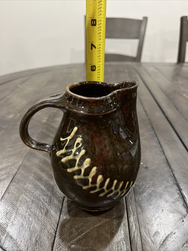 Duel Art Pottery Brown Pitcher Glazed Zigzag Design Studio Handmade Signed