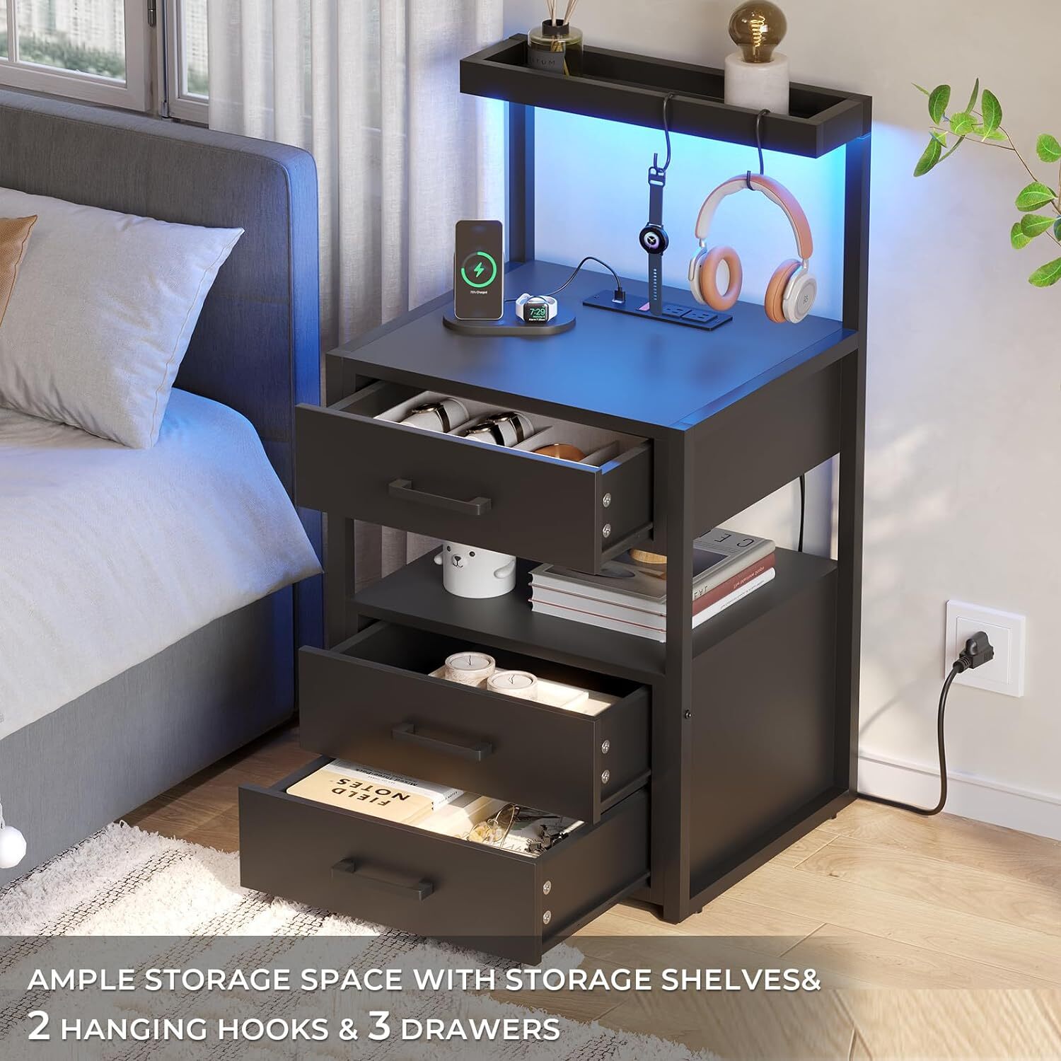 Led Nightstand with Charging Station, 3 Drawers Night Stand, Black Bedside Table