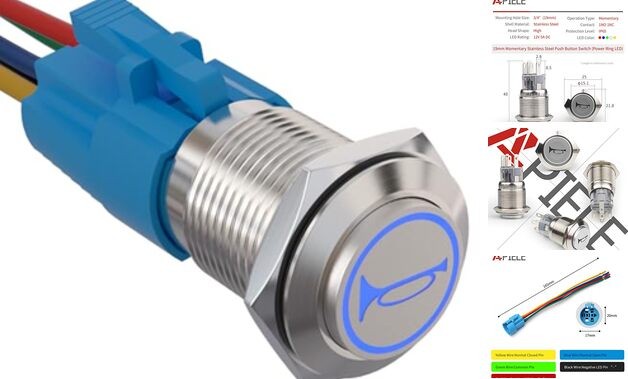 19mm 12V Momentary Speaker Horn Push Button Toggle Silver Shell-Blue HORN