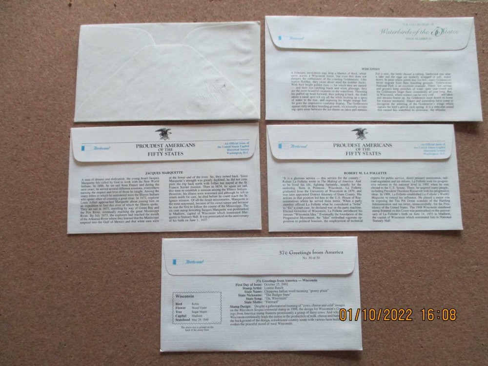 Wisconsin: 5 Various First Day Covers