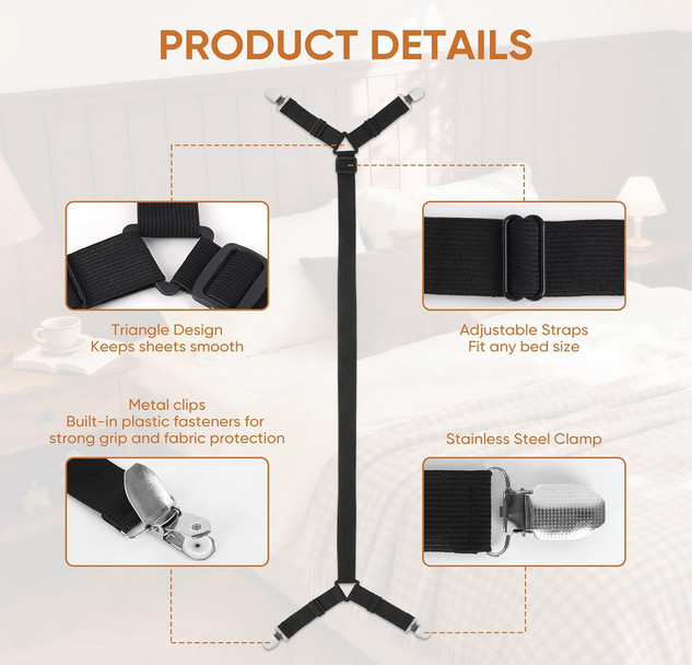 2PCS Adjustable Bed Sheet Holder Straps Elastic Fitted Sheet Grippers Black