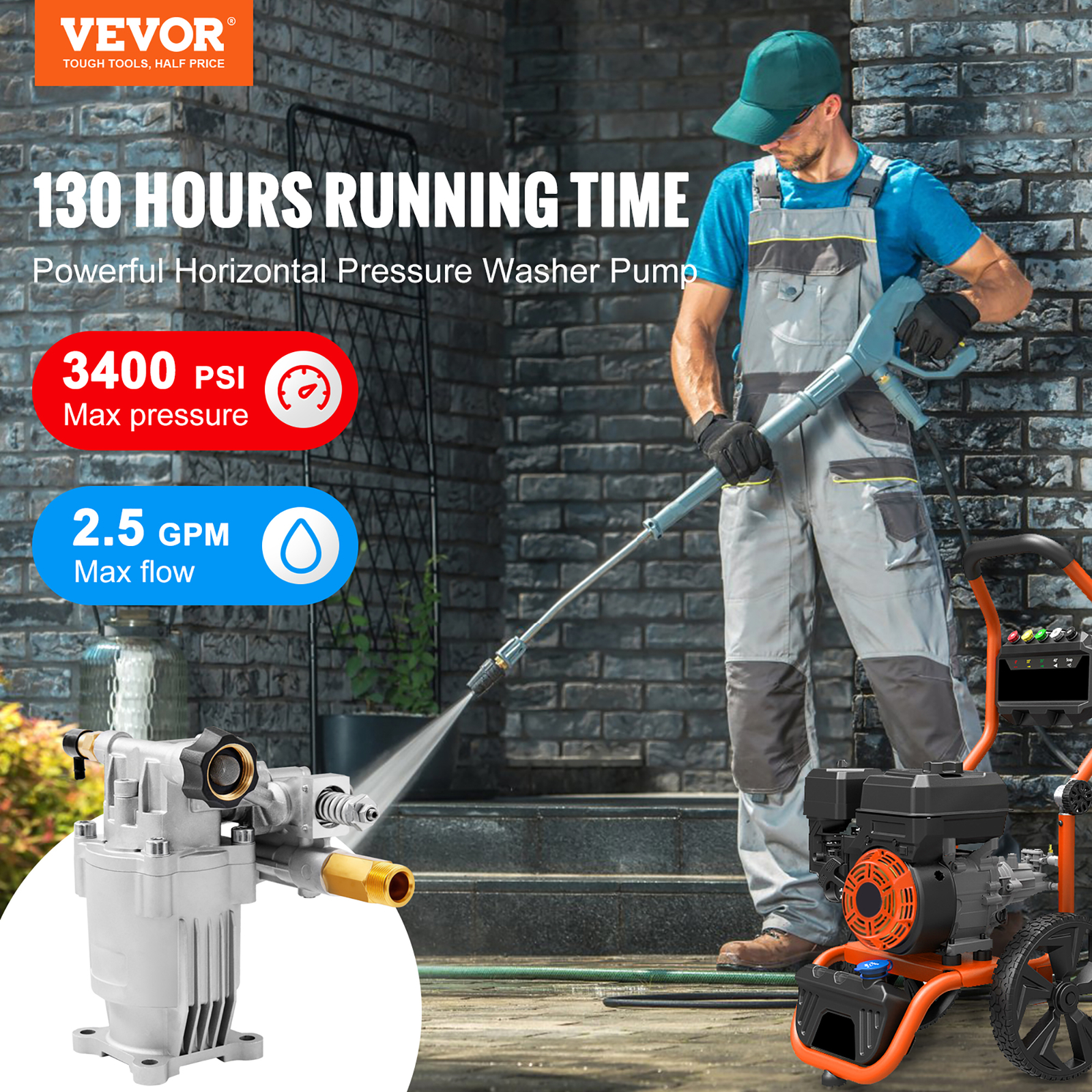 VEVOR Pressure Washer Pump Power Washer Pump 3/4" Horizontal 3400 PSI 2.5 GPM