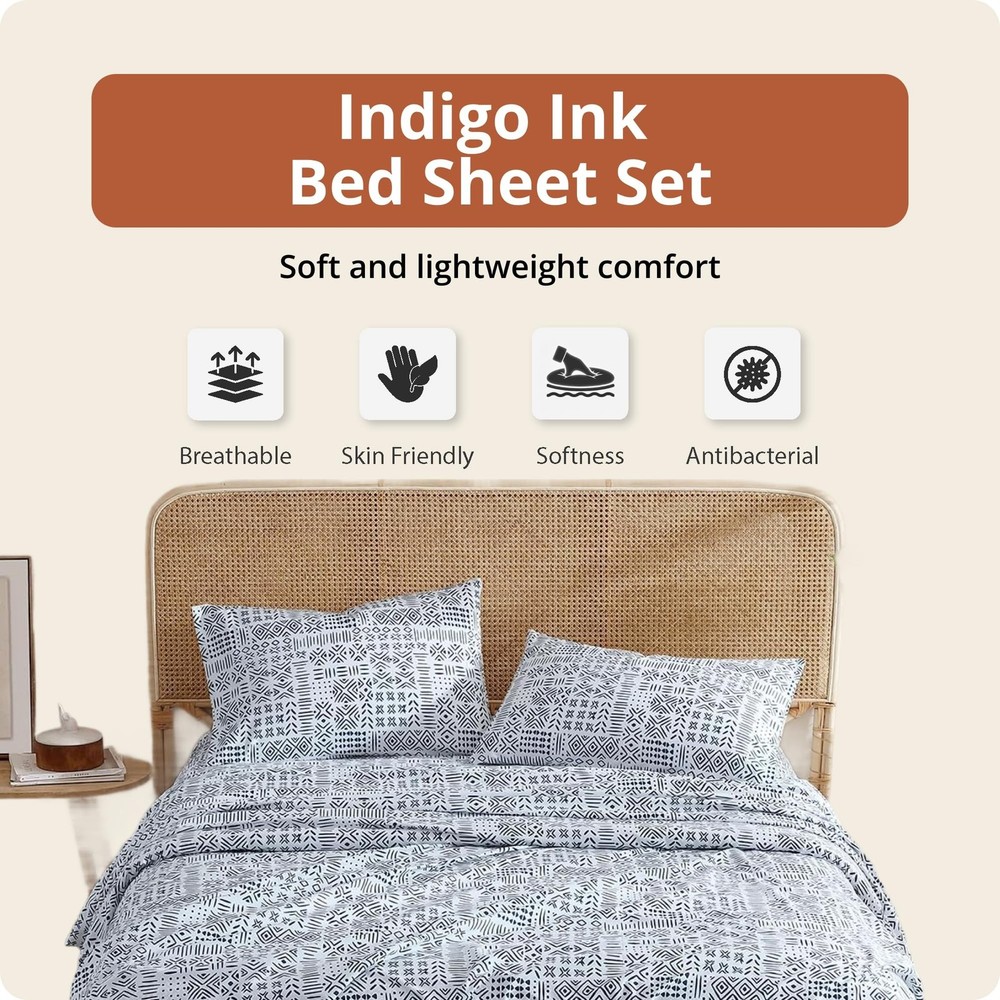 Indigo Ink - Queen Size Sheet Set, 4-Piece Boho Geometric Patterned Bedding, ...