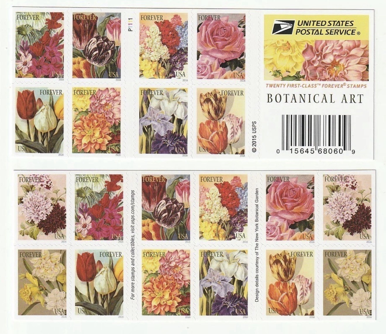 2015 USPS SHEET OF 20 FIRST CLASS LETTER STAMPS BOTANICAL ART 78¢