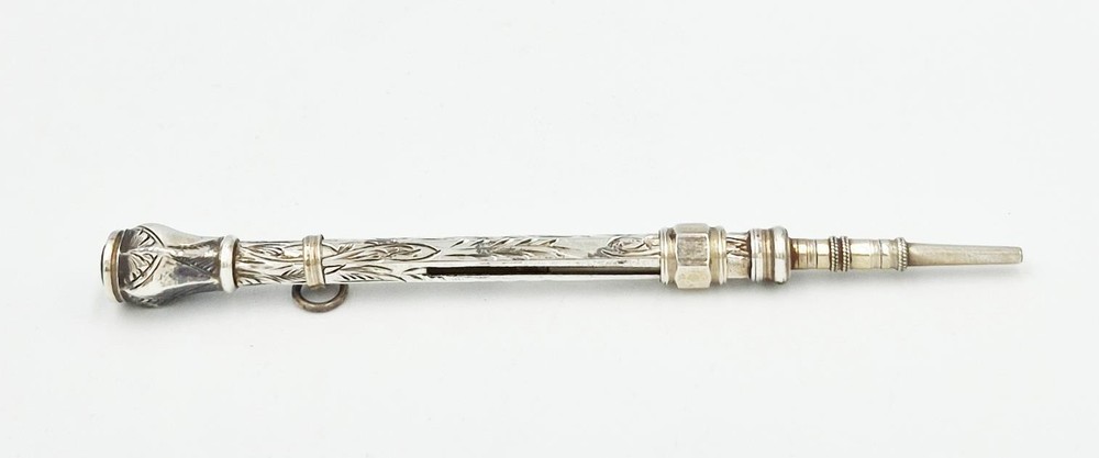 VICTORIAN SOLID SILVER AMETHYST SEAL-TOP SLIDE PENCIL c1870