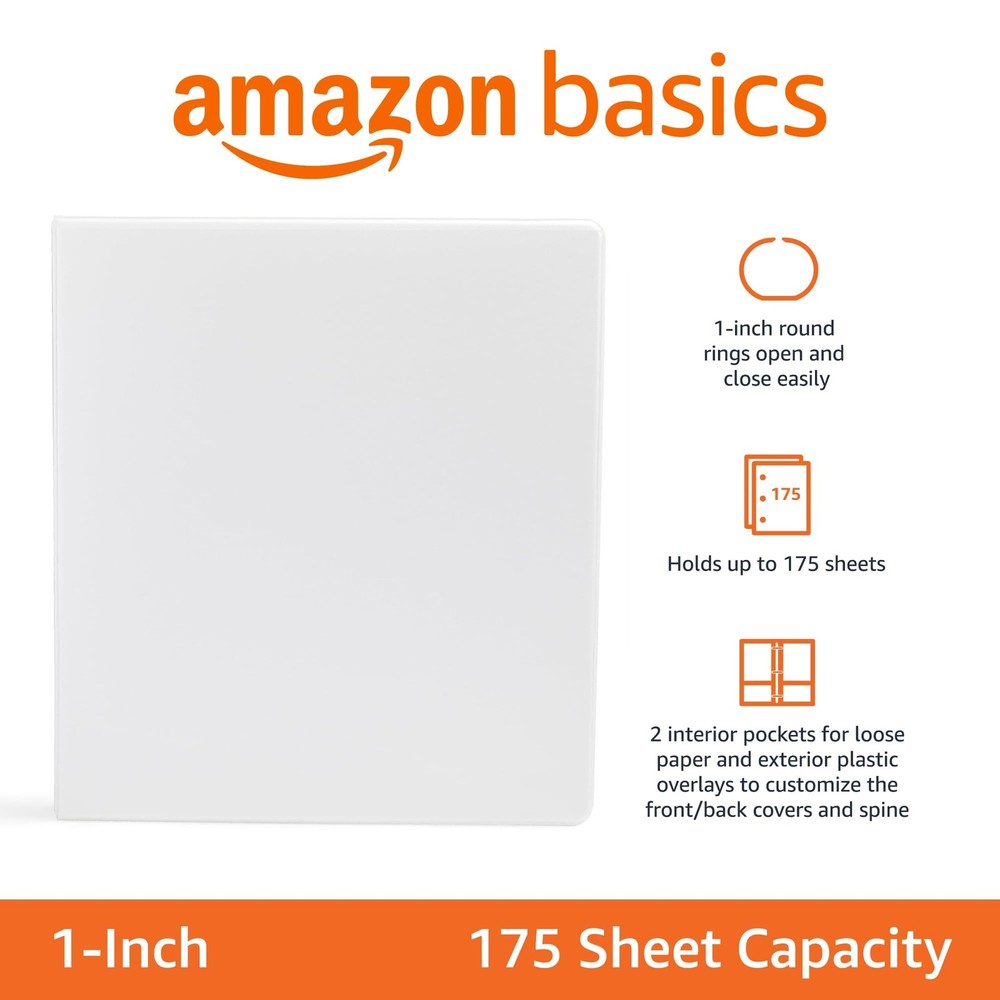 Amazon Basics 3-Ring Binder, 1-Inch - White 1 Pack 1-Pack,
