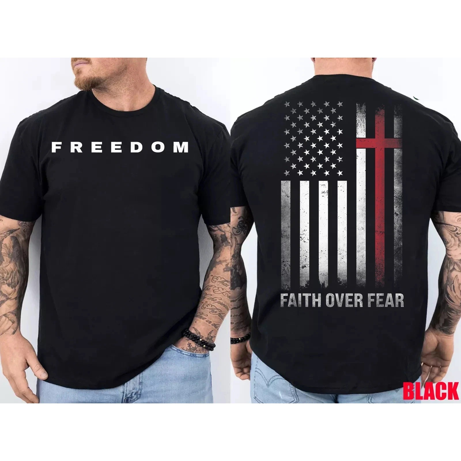 Charlie Kirk Memorial 2-Sided Freedom Christian USA Flag Faith Over Fear T-Shirt