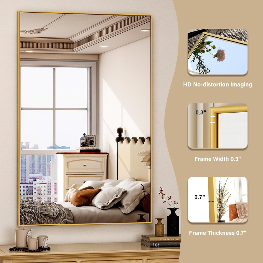 Gold Rectangular Bathroom Mirror 48"x30" Wall-Mounted Vanity Mirror