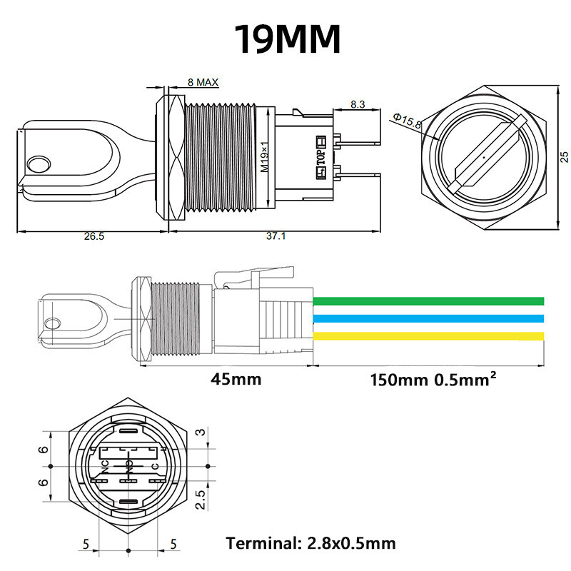 19mm Rotary Key Switch Latching 2/3 Position Selector Security Lock ON/OFF 5A