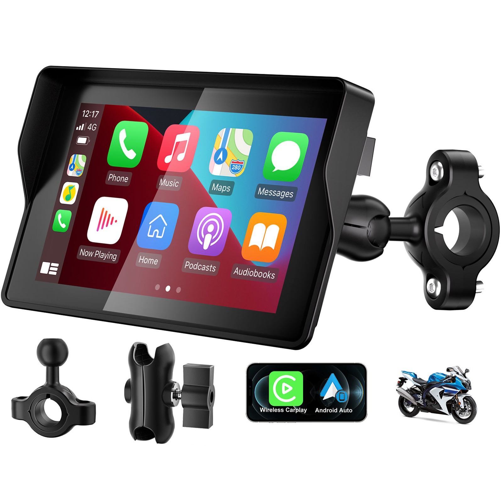 5" Motorcycle Carplay GPS Navigation Wireless CarPlay & Android Auto IP67 WIFI