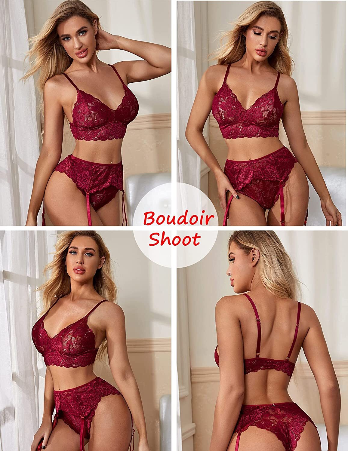 Women's Sexy Lingerie Set with Garter Belt Lace Bralette G-String Sets Underwear