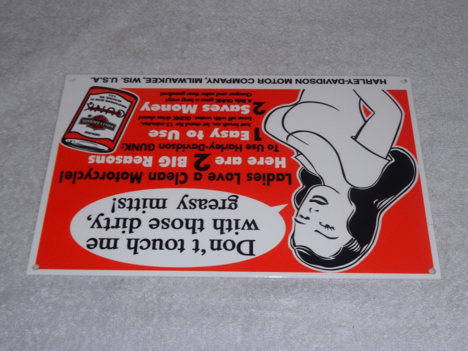 VINTAGE HARLEY DAVIDSON MOTORCYCLE GUNK WOMAN 12" MOTOR CYCLE GASOLINE OIL SIGN!