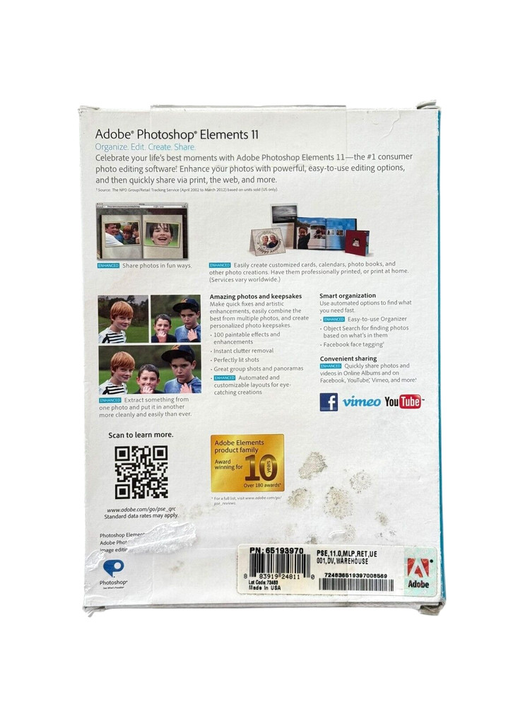 Adobe Photoshop Elements 11 for WIN & MAC *WILL NOT WORK FOR WIN 10 or 11.