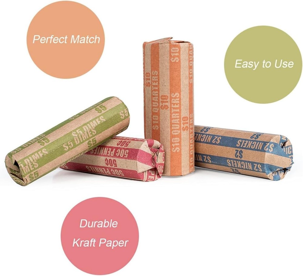 Assorted Coin Wrapper Pack - 100 Quality, Easy to Use, Color-Coded Rolls