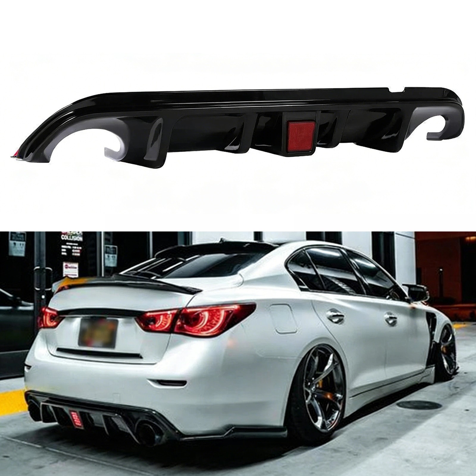 Fit 2014-2017 Infiniti Q50 Glossy Black Rear Bumper Diffuser W/ LED Brake Light