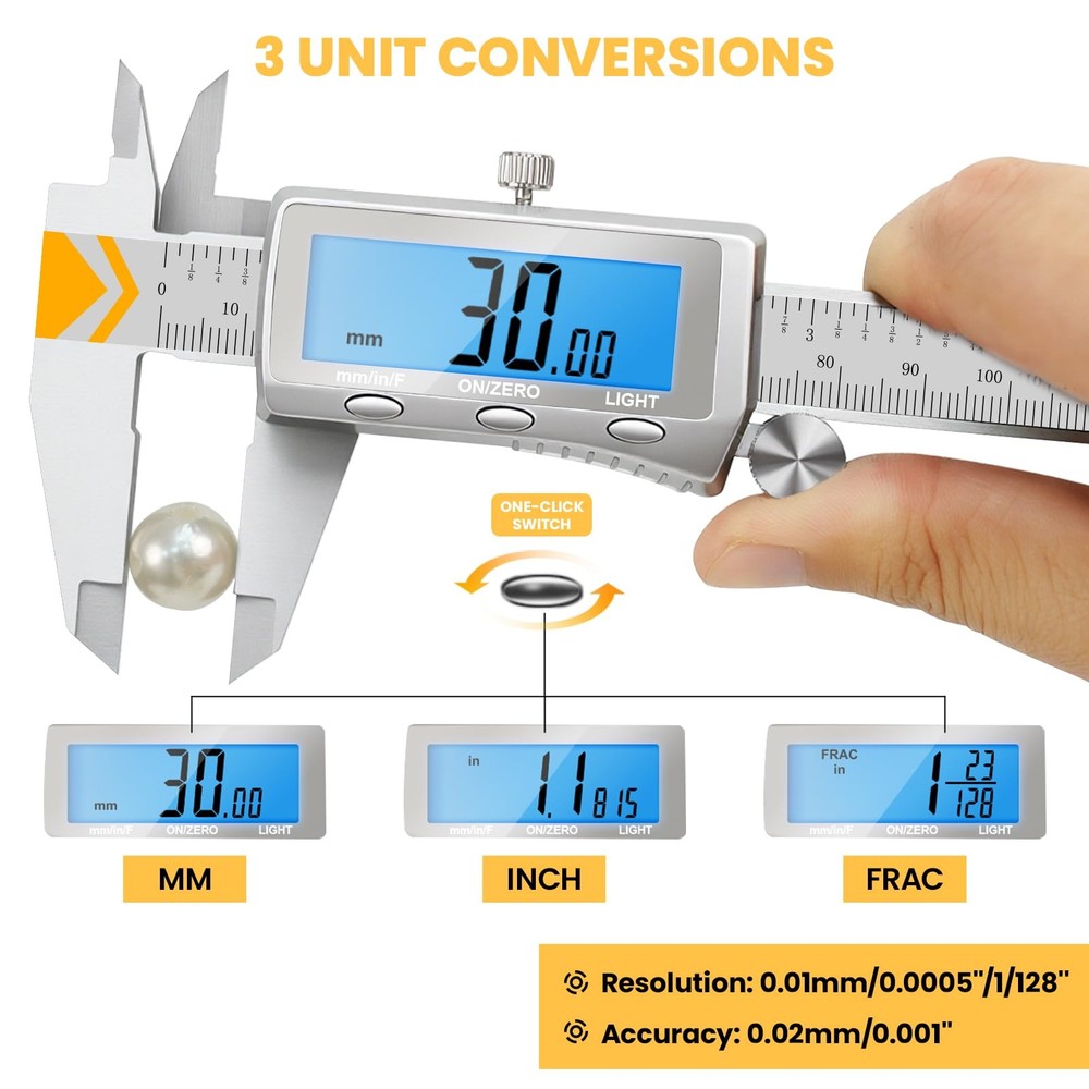 Digital Caliper Rechargeable Measuring Tool Backlight LCD Stainless Vernier