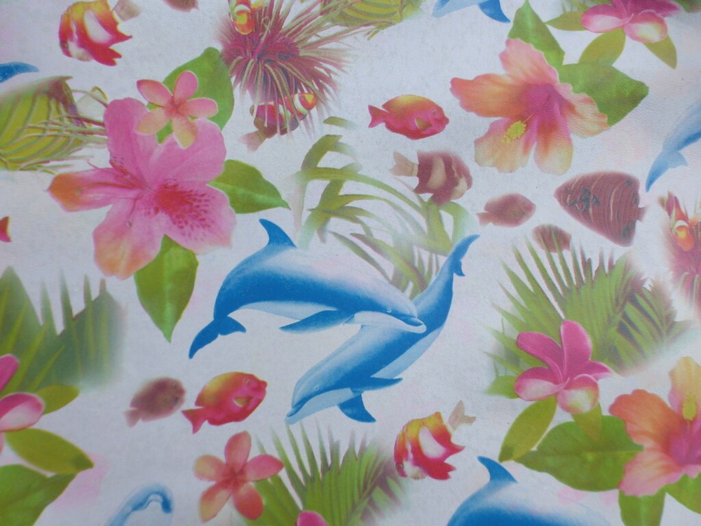 lambskin leather hide Multicolor Fish & Flowers Print on White
