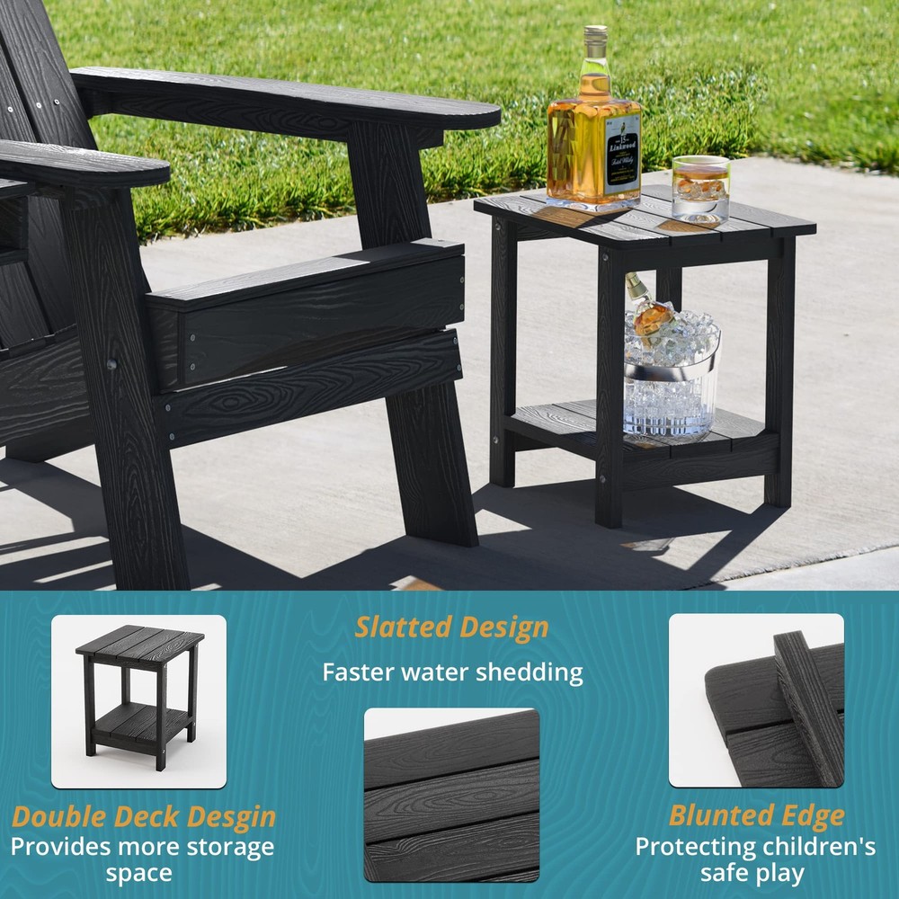 LUE BONA Adirondack Outdoor Side Table, 2-Tier Black HDPS Rectangular,