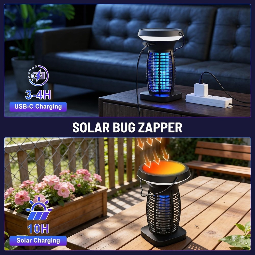 Solar Bug Zapper Outdoor Rechargeable Mosquito Zapper Killer with Panel Sensor