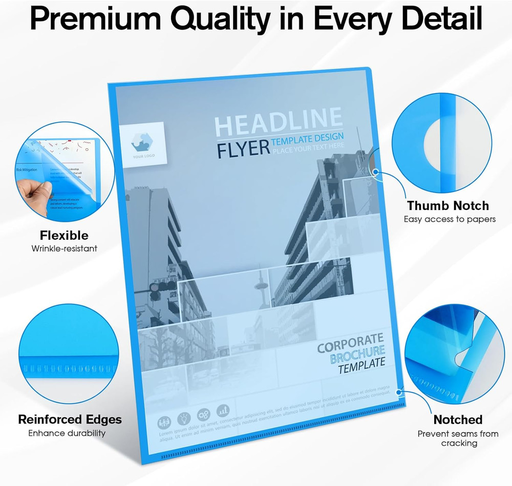 Clear Plastic Folders Sleeves 12 Pack, 6 Assorted Colors, Documents Project Pock