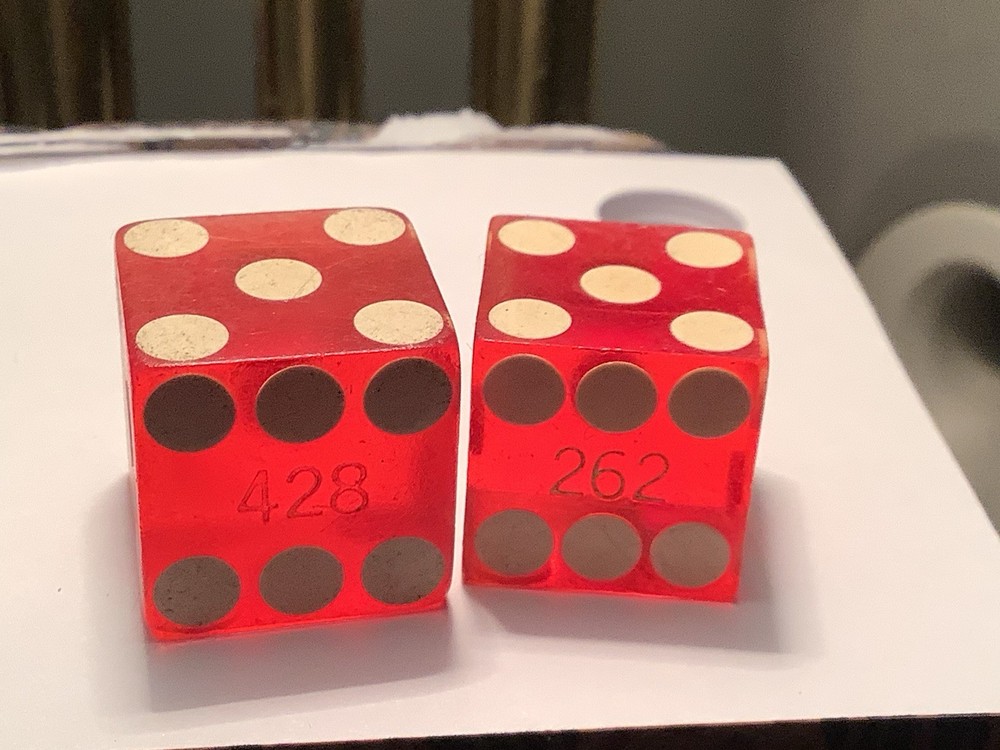 Vintage precision engraved dice, translucent red, sharp-edge, serial numbered