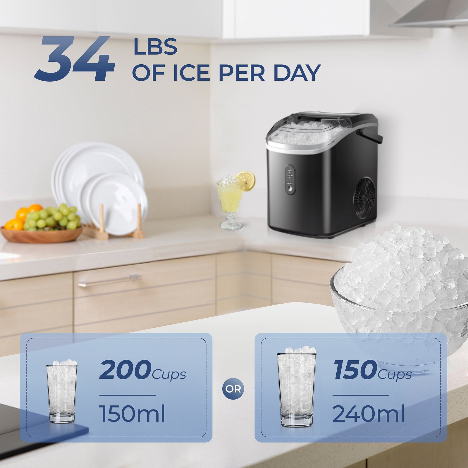 Simzlife ZX-IM-12S-S Nugget Ice Maker Countertop with Handle, Ready in 6 Mins