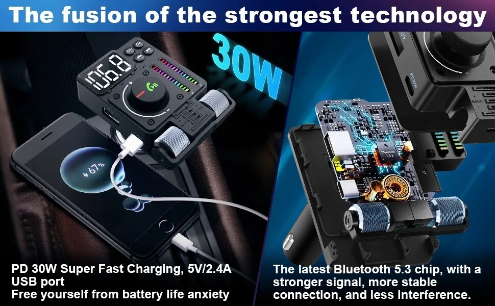 Wireless Bluetooth 5.3 FM Transmitter Radio Adapter USB Ports Car Fast Charger