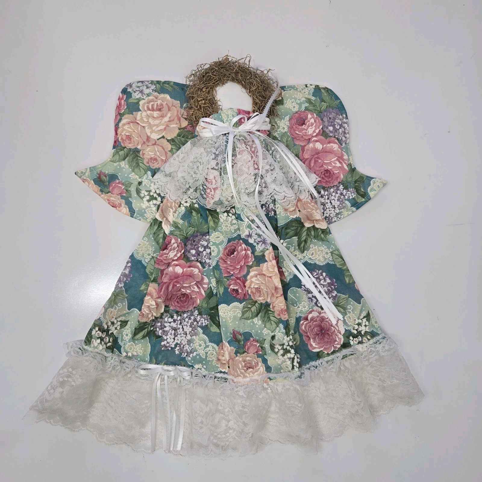 Vtg Hand Made Hanging Holy Angels Fabric Angel Floral Lace Fabric Christmas