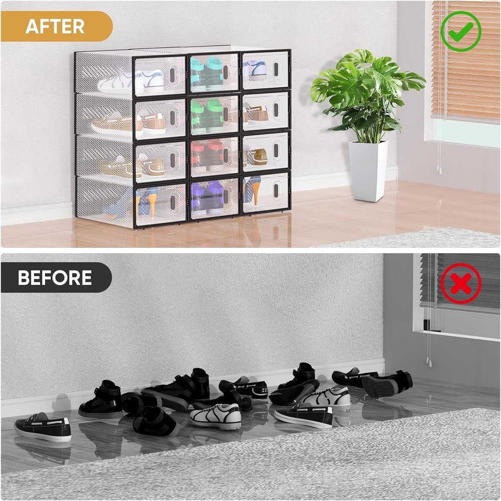 12 Pack Stackable Shoe Storage Boxes Fit Size 9, Thickened Clear Shoe Box Bins w
