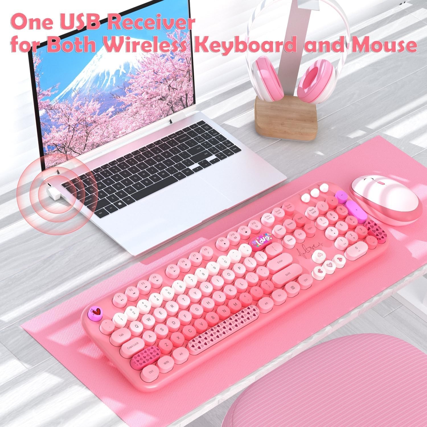 Pink Wireless Keyboard and Mouse,MOFII 104 Round Keys Lovely Full-Size