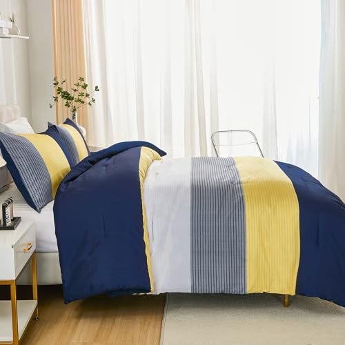 Comforter Set Queen, Reversible Blue Striped Patchwork Down Alternative