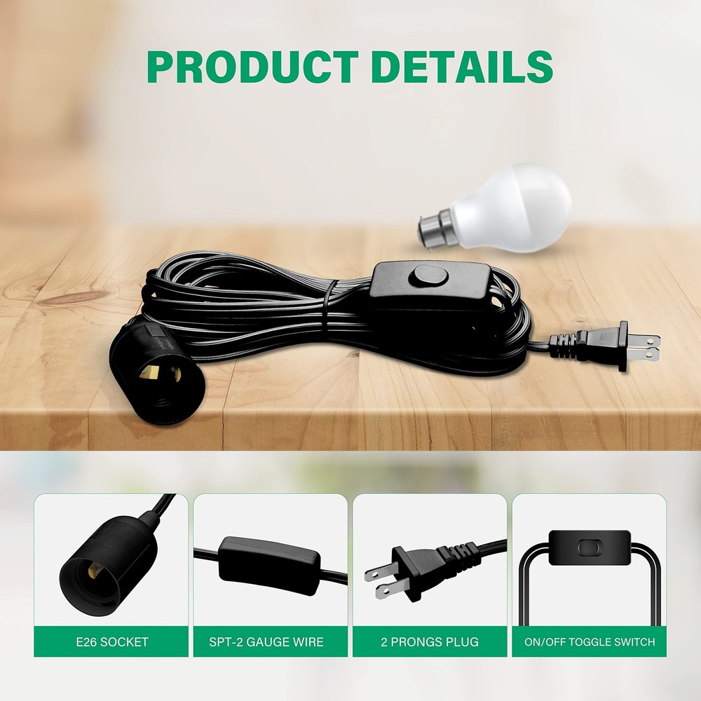 20ft Extension Hanging Lantern Pendant Light Cord Cable with E26 Socket, On/O...