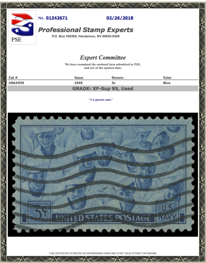 #935 Used, PSE Graded 95, Cert # 01342671