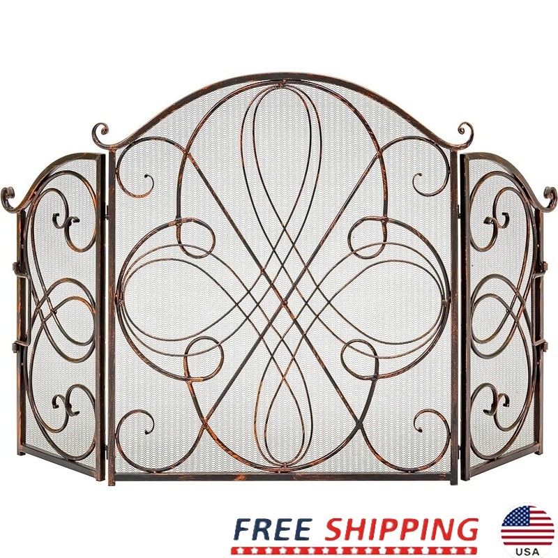 Elegant Wrought Iron Fireplace Screen W/ Folding Design & Protective Mesh New