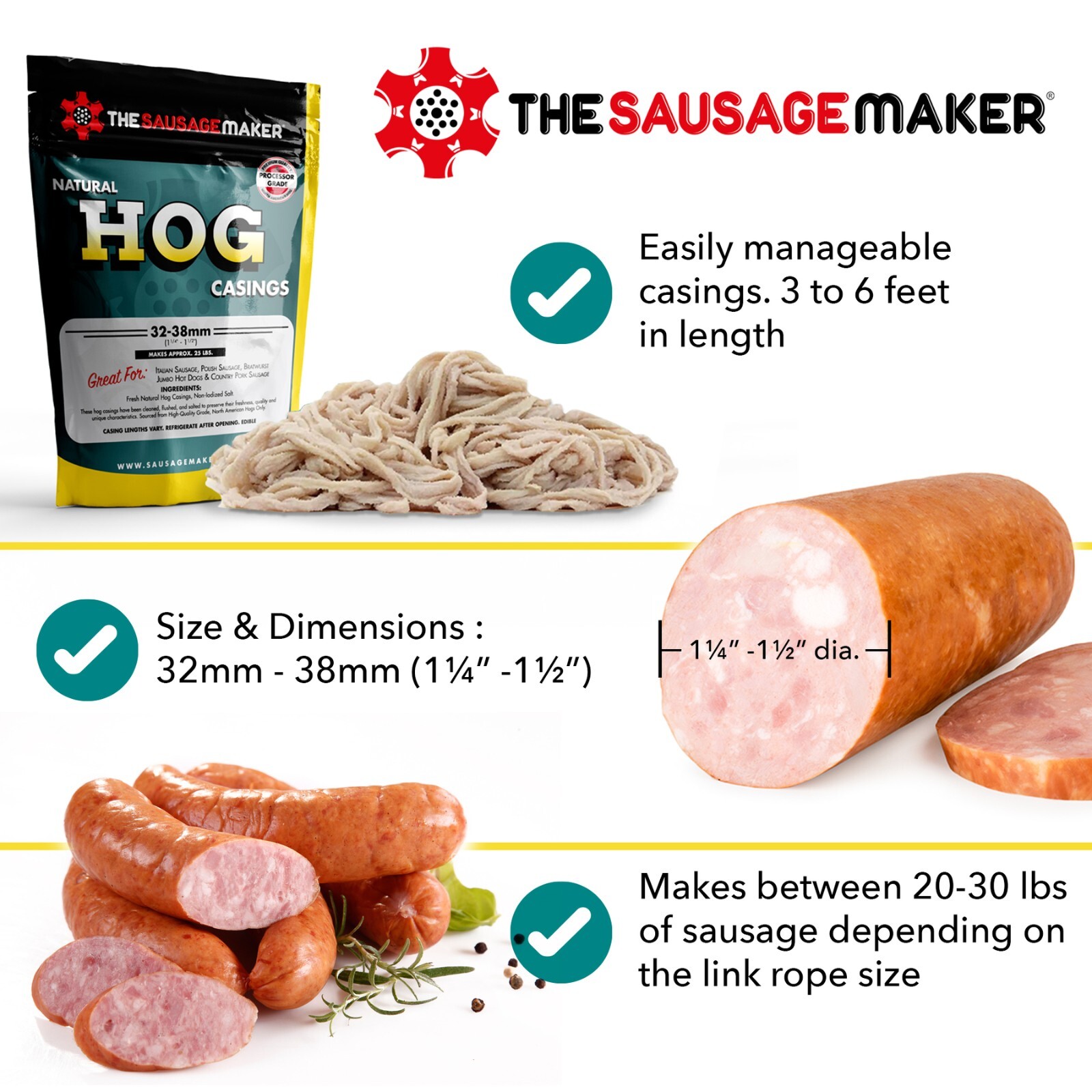 The Sausage Maker Natural Hog Sausage Casings 32-38 MM Stuffs 25Lb Meat One Pack