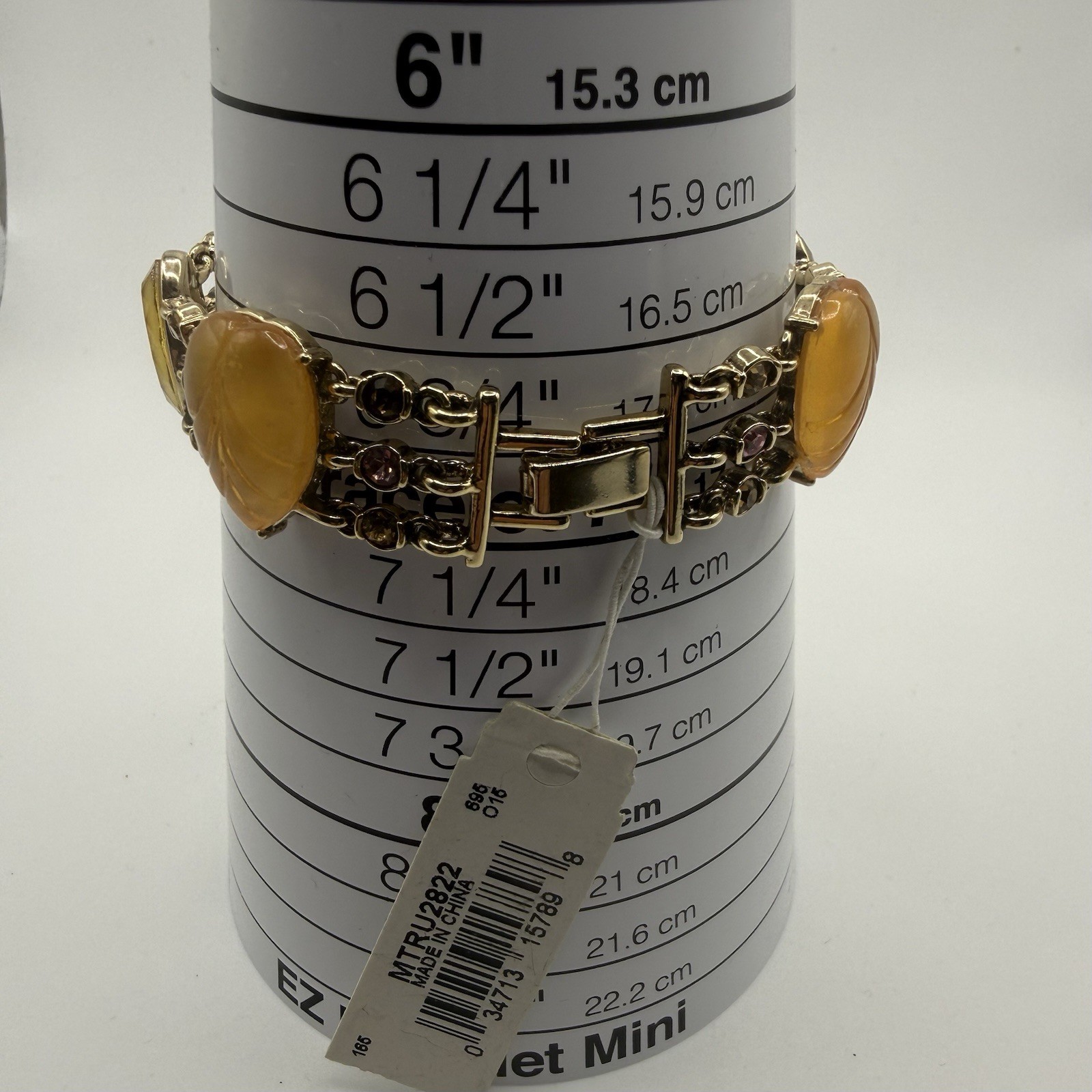 Vintage Trifari Bracelet Rhinestones Carved Acrylic Leaf Cabochons Gold Tone 7”