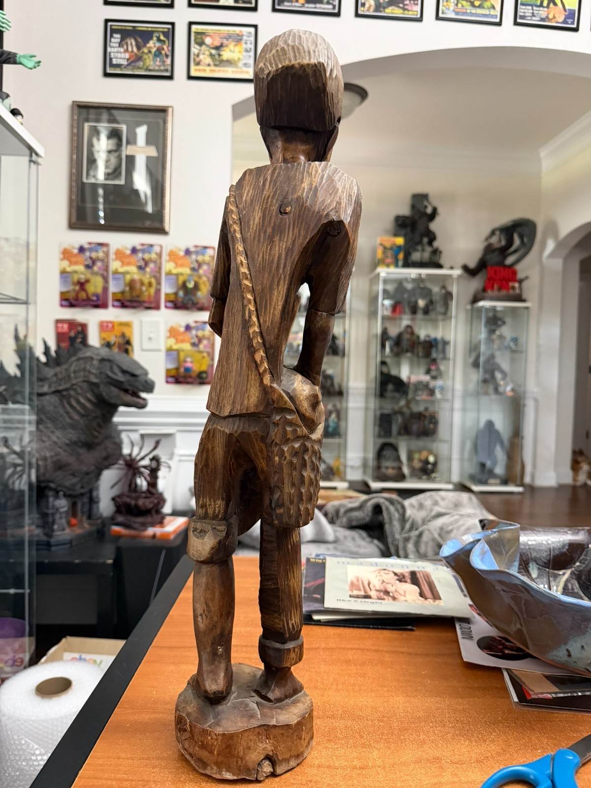 African Wood carved art Tribal 23 inch Man Smoking pipe healer