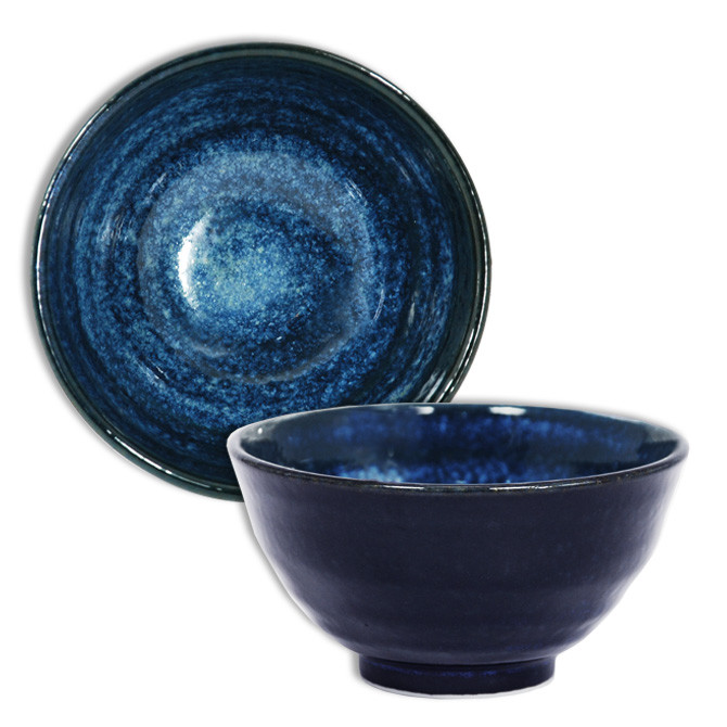 Japanese 4.75"D Porcelain Rice Soup Bowl Namako Blue Swirl Made in Japan