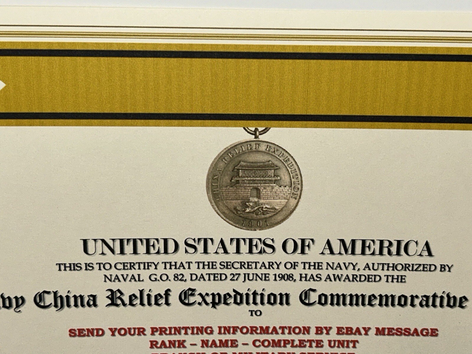 NAVY CHINA RELIEF EXPEDITION COMMEMORATIVE MEDAL CERTIFICATE ~ W/PRINTING TYPE-1