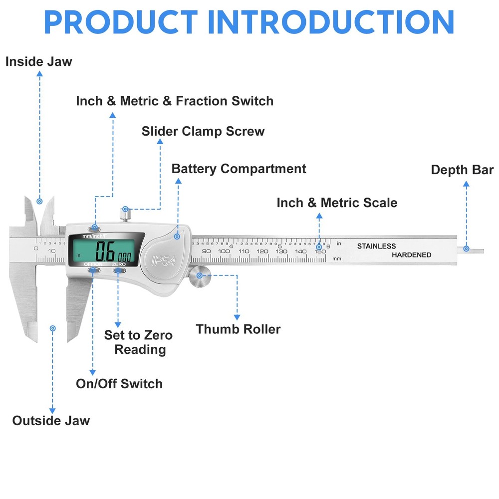 Digital Caliper Measuring Tool, IP54 Waterproof Electronic Micrometer Caliper, S