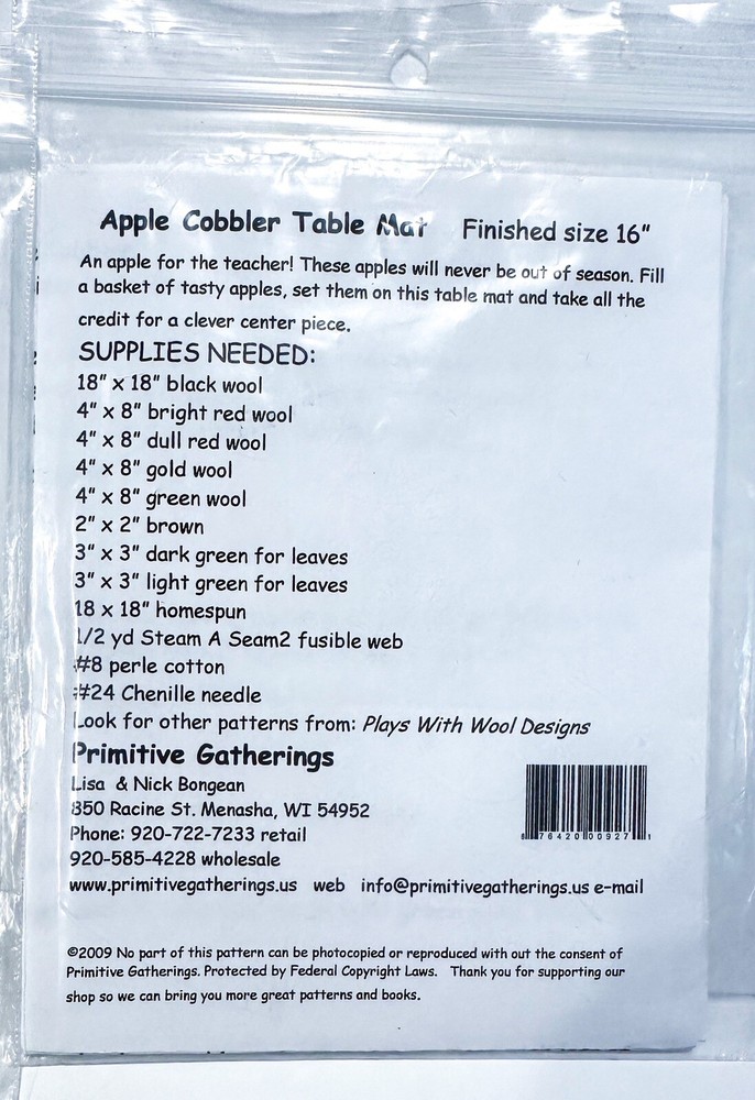 2 Primitive Gatherings Apple Cobbler & Pumpkin Table Mat Appliqué Patterns FALL