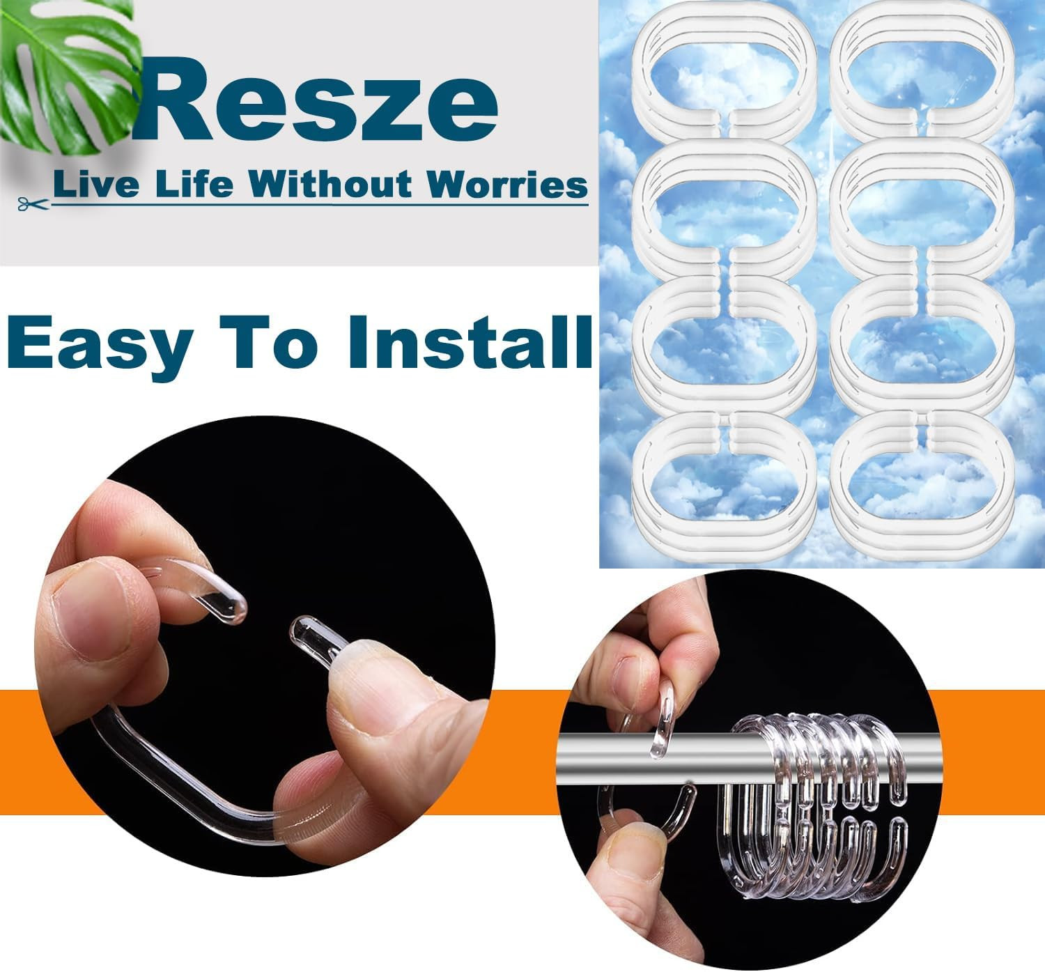 24 PCS Shower Curtain Rings, Plastic Clear Shower Curtain Hooks, C-Shaped Rings