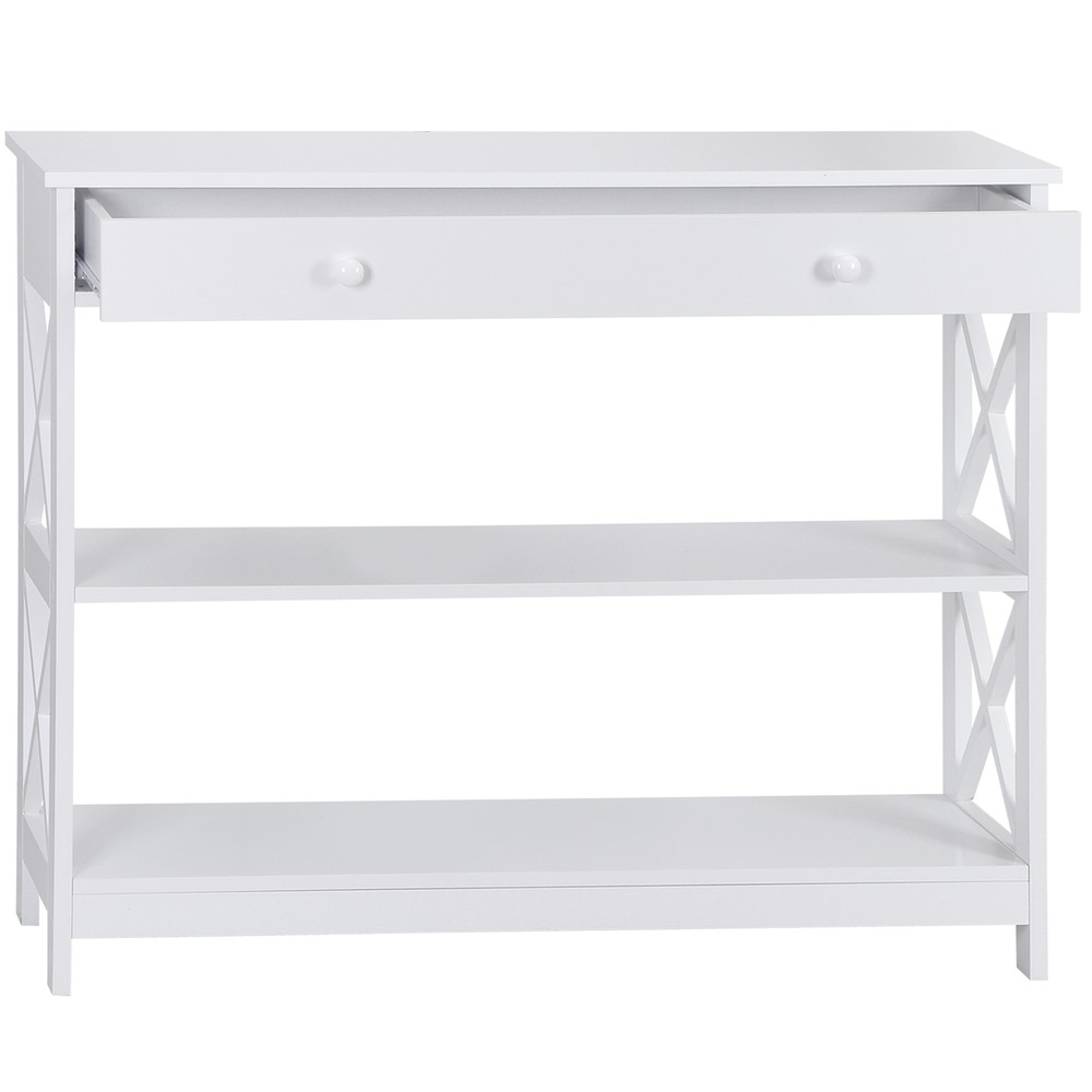 Console Table Narrow Sofa Side Entryway Table with 3-Tier Shelves 1 Drawer White