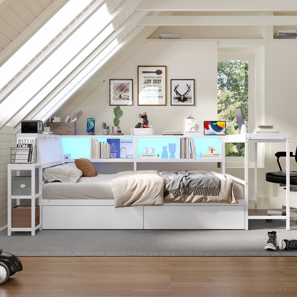 Corner Bed Frame Full Size with Bookcase and 2 Underbed Storage Drawers, Moder